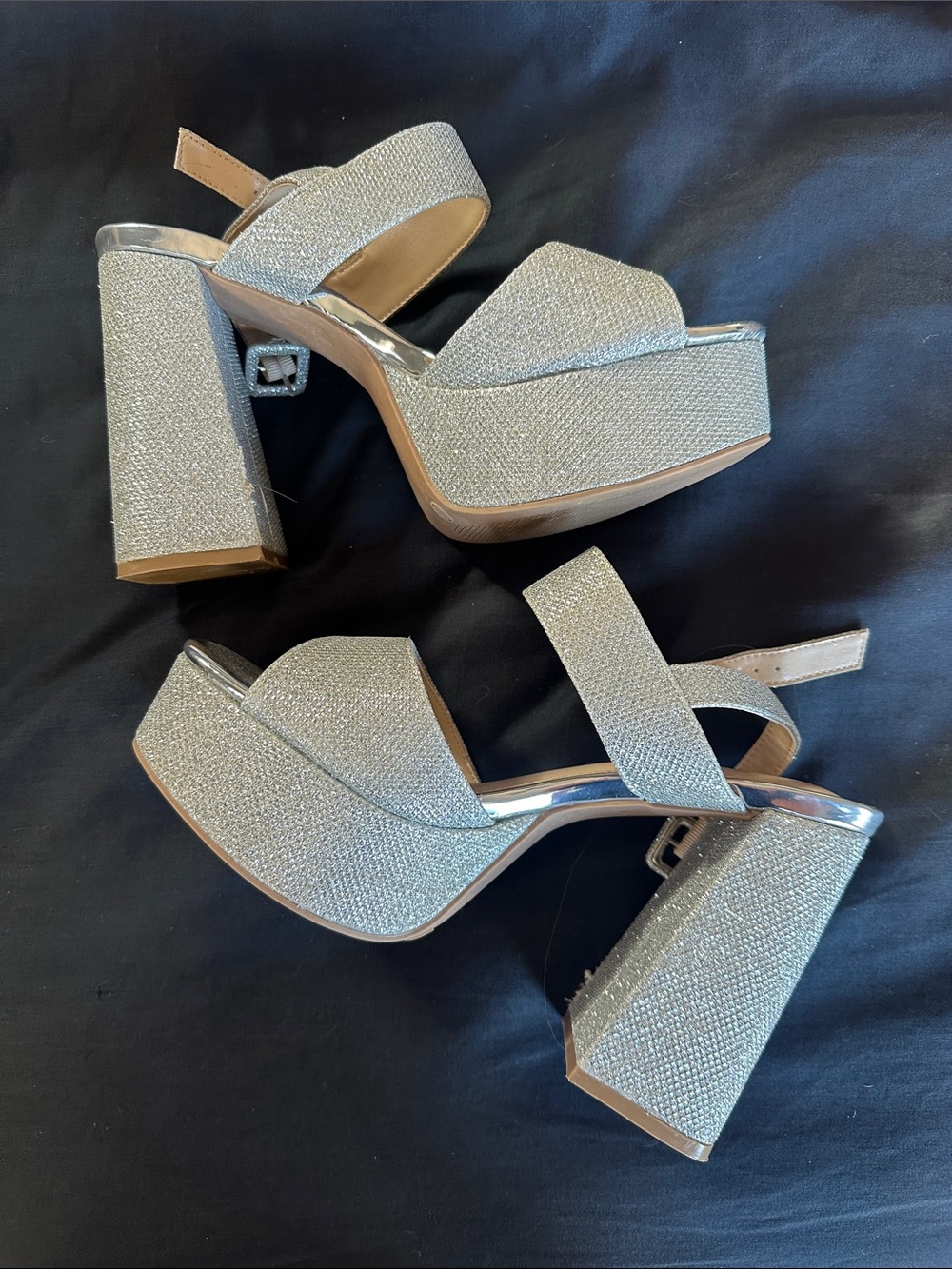 Silver Glitter Platform Block Heel Sandals - Women's